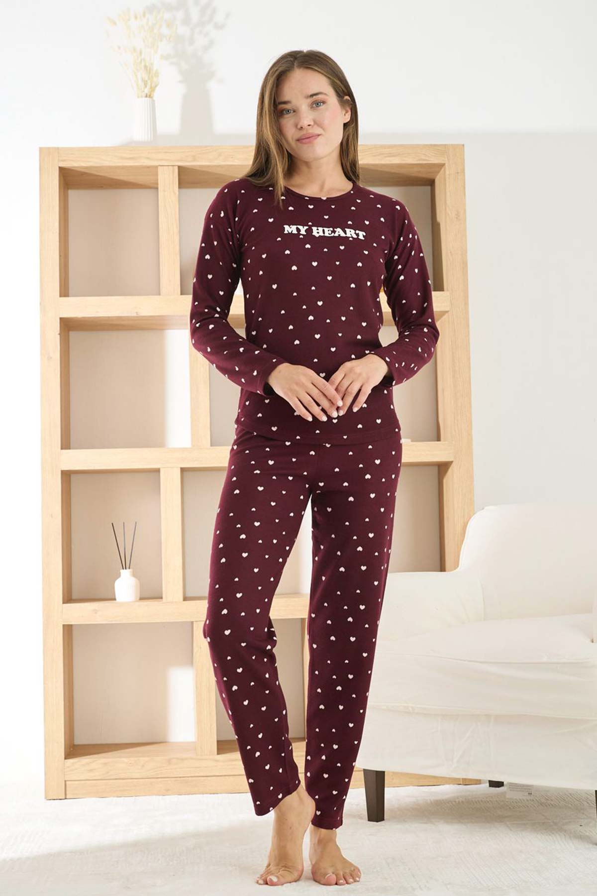 Pijamoni Kadın Pijama Takımı Uzun Kollu Bisiklet Yaka Waffle Kumaş Kalpli - Bordo - Thumbnail