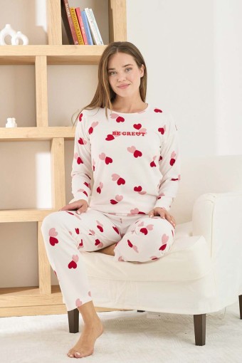 PİJAMONİ - Pijamoni Kadın Pijama Takımı Uzun Kollu Bisiklet Yaka Waffle Kumaş Kalpli - Ekru (1)