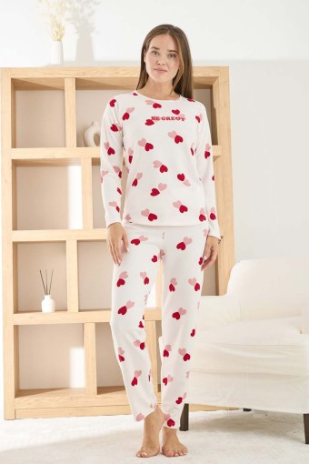 PİJAMONİ - Pijamoni Kadın Pijama Takımı Uzun Kollu Bisiklet Yaka Waffle Kumaş Kalpli - Ekru