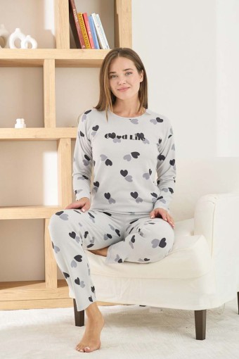 PİJAMONİ - Pijamoni Kadın Pijama Takımı Uzun Kollu Bisiklet Yaka Waffle Kumaş Kalpli - Gri (1)