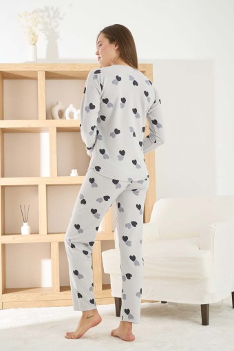 PİJAMONİ - Pijamoni Kadın Pijama Takımı Uzun Kollu Bisiklet Yaka Waffle Kumaş Kalpli - Gri
