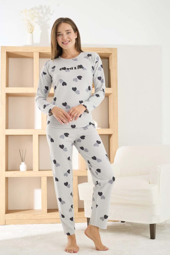 PİJAMONİ - Pijamoni Kadın Pijama Takımı Uzun Kollu Bisiklet Yaka Waffle Kumaş Kalpli - Gri