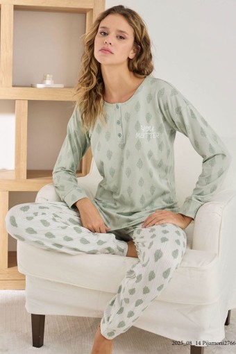 PİJAMONİ - Pijamoni Kadın Pijama Takımı Uzun Kollu Desenli Düğmeli Sofya - Çağla Yeşili