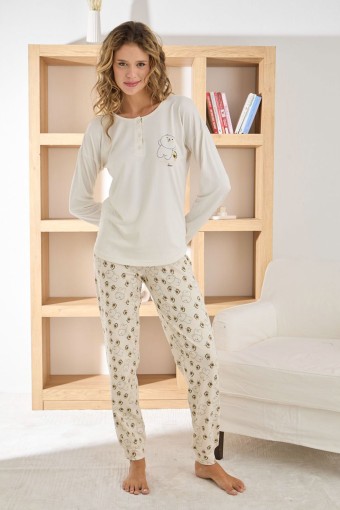 PİJAMONİ - Pijamoni Kadın Pijama Takımı Uzun Kollu Desenli Düğmeli Sofya - Ekru