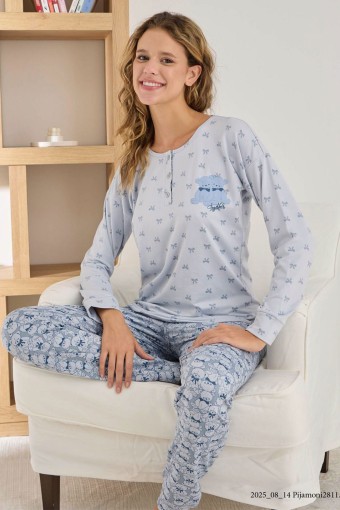 PİJAMONİ - Pijamoni Kadın Pijama Takımı Uzun Kollu Desenli Düğmeli Sofya - Mavi