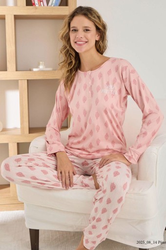PİJAMONİ - Pijamoni Kadın Pijama Takımı Uzun Kollu Desenli Düğmeli Sofya - Pembe