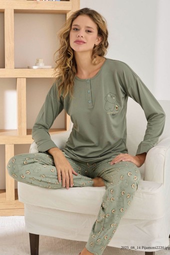 PİJAMONİ - Pijamoni Kadın Pijama Takımı Uzun Kollu Desenli Düğmeli Sofya - Yeşil