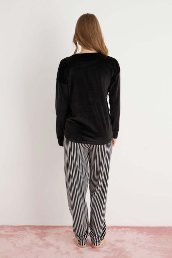 PİJAMONİ - Pijamoni Kadın Pijama Takımı Uzun Kollu Düşük Omuz Kadife Alt Çizgili - Siyah (1)