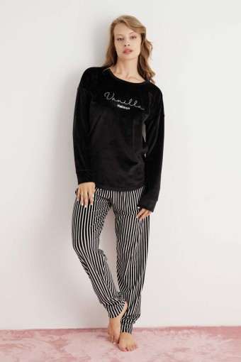 PİJAMONİ - Pijamoni Kadın Pijama Takımı Uzun Kollu Düşük Omuz Kadife Alt Çizgili - Siyah