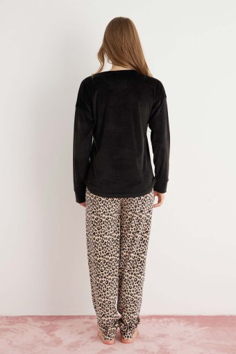 PİJAMONİ - Pijamoni Kadın Pijama Takımı Uzun Kollu Düşük Omuz Kadife Alt Leopar - Siyah (1)