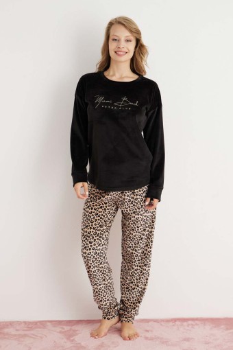 PİJAMONİ - Pijamoni Kadın Pijama Takımı Uzun Kollu Düşük Omuz Kadife Alt Leopar - Siyah