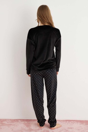 PİJAMONİ - Pijamoni Kadın Pijama Takımı Uzun Kollu Düşük Omuz Kadife Alt Puantiyeli - Siyah (1)