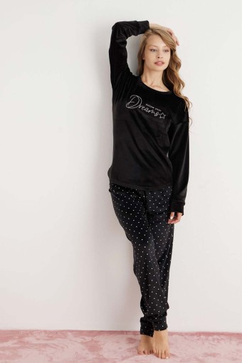 PİJAMONİ - Pijamoni Kadın Pijama Takımı Uzun Kollu Düşük Omuz Kadife Alt Puantiyeli - Siyah