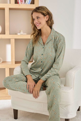 PİJAMONİ - Pijamoni Kadın Pijama Takımı Uzun Kollu Gömlek Yaka Avakado Desenli Sofya - Yeşil (1)