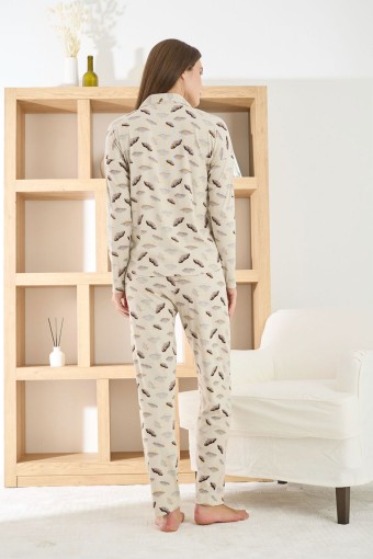 PİJAMONİ - Pijamoni Kadın Pijama Takımı Uzun Kollu Gömlek Yaka Berlin Raporlu Bulut Desenli - Taş (1)
