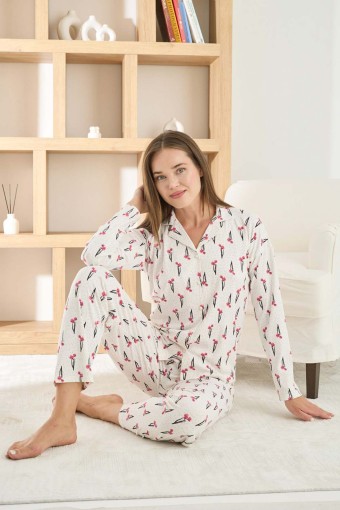 PİJAMONİ - Pijamoni Kadın Pijama Takımı Uzun Kollu Gömlek Yaka Berlin Raporlu Çiçek Desenli - Ekru