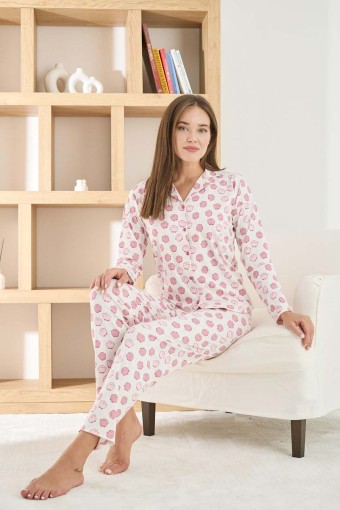 PİJAMONİ - Pijamoni Kadın Pijama Takımı Uzun Kollu Gömlek Yaka Berlin Raporlu Kuzu Desenli - Pembe (1)