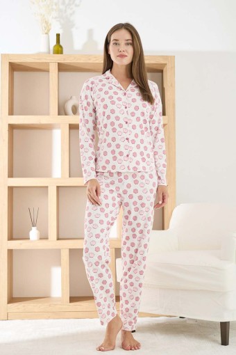 PİJAMONİ - Pijamoni Kadın Pijama Takımı Uzun Kollu Gömlek Yaka Berlin Raporlu Kuzu Desenli - Pembe