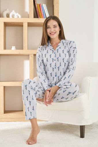 PİJAMONİ - Pijamoni Kadın Pijama Takımı Uzun Kollu Gömlek Yaka Berlin Raporlu Marin - Açık Mavi