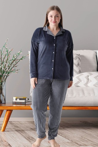 PİJAMONİ - Pijamoni Kadın Pijama Takımı Uzun Kollu Gömlek Yaka Büyük Beden Kadife Manşetli Paça Çizgili - Koyu Gri (1)