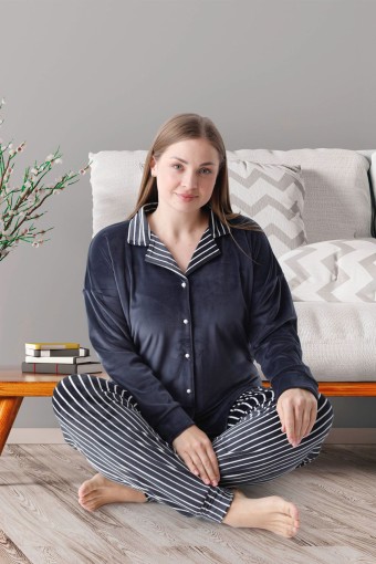 PİJAMONİ - Pijamoni Kadın Pijama Takımı Uzun Kollu Gömlek Yaka Büyük Beden Kadife Manşetli Paça Çizgili - Siyah