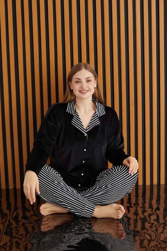 PİJAMONİ - Pijamoni Kadın Pijama Takımı Uzun Kollu Gömlek Yaka Büyük Beden Kadife Manşetli Paça Çizgili - Siyah