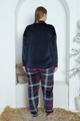 PİJAMONİ - Pijamoni Kadın Pijama Takımı Uzun Kollu Gömlek Yaka Büyük Beden Kadife Manşetli Paça Ekose - Lacivert (1)