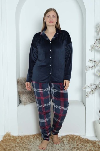 PİJAMONİ - Pijamoni Kadın Pijama Takımı Uzun Kollu Gömlek Yaka Büyük Beden Kadife Manşetli Paça Ekose - Lacivert