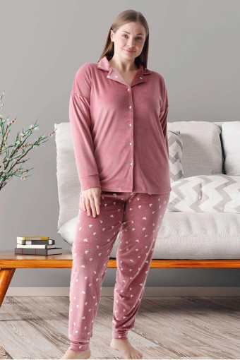 PİJAMONİ - Pijamoni Kadın Pijama Takımı Uzun Kollu Gömlek Yaka Büyük Beden Kadife Manşetli Paça Kalpli - Gülkurusu