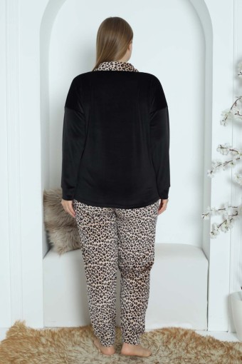 PİJAMONİ - Pijamoni Kadın Pijama Takımı Uzun Kollu Gömlek Yaka Büyük Beden Kadife Manşetli Paça Leopar - Siyah (1)