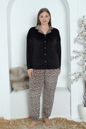 PİJAMONİ - Pijamoni Kadın Pijama Takımı Uzun Kollu Gömlek Yaka Büyük Beden Kadife Manşetli Paça Leopar - Siyah