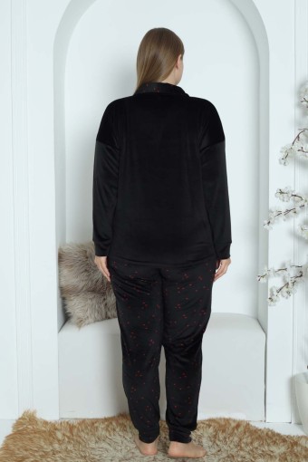 PİJAMONİ - Pijamoni Kadın Pijama Takımı Uzun Kollu Gömlek Yaka Büyük Beden Kadife Manşetli Paça - Siyah (1)