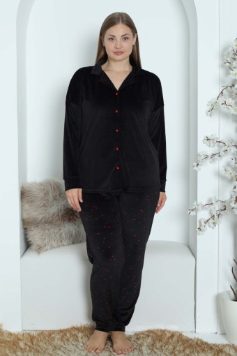 PİJAMONİ - Pijamoni Kadın Pijama Takımı Uzun Kollu Gömlek Yaka Büyük Beden Kadife Manşetli Paça - Siyah