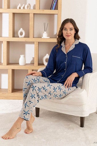 PİJAMONİ - Pijamoni Kadın Pijama Takımı Uzun Kollu Gömlek Yaka Cepli Milan Kumaş Çiçek Desenli - Lacivert (1)