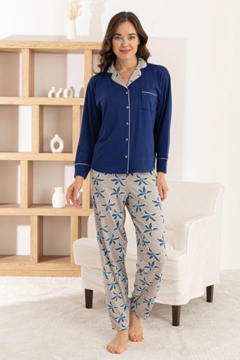 PİJAMONİ - Pijamoni Kadın Pijama Takımı Uzun Kollu Gömlek Yaka Cepli Milan Kumaş Çiçek Desenli - Lacivert