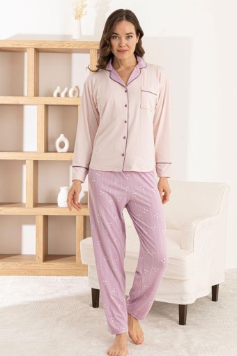 PİJAMONİ - Pijamoni Kadın Pijama Takımı Uzun Kollu Gömlek Yaka Cepli Milan Kumaş Çiçek Desenli - Lila