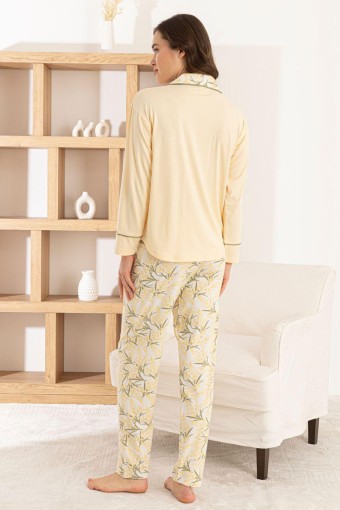 PİJAMONİ - Pijamoni Kadın Pijama Takımı Uzun Kollu Gömlek Yaka Cepli Milan Kumaş Çiçek Desenli - Sarı (1)