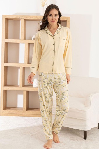 PİJAMONİ - Pijamoni Kadın Pijama Takımı Uzun Kollu Gömlek Yaka Cepli Milan Kumaş Çiçek Desenli - Sarı