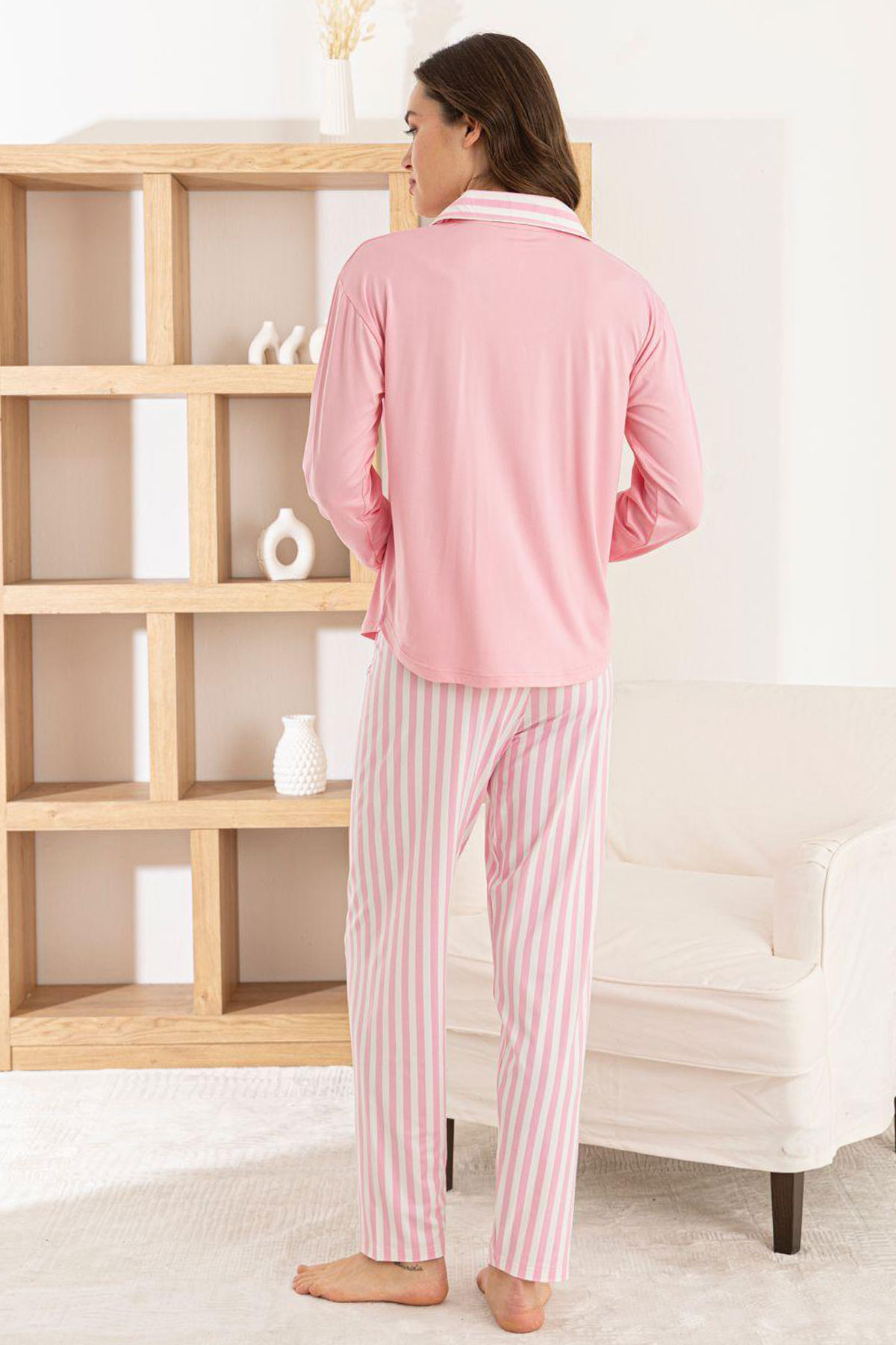 Pijamoni Kadın Pijama Takımı Uzun Kollu Gömlek Yaka Cepli Milan Kumaş Çizgili - Pembe - Thumbnail