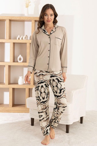 PİJAMONİ - Pijamoni Kadın Pijama Takımı Uzun Kollu Gömlek Yaka Cepli Milan Kumaş Desenli - Bej