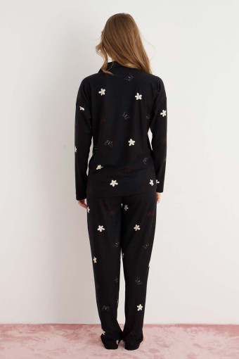 PİJAMONİ - Pijamoni Kadın Pijama Takımı Uzun Kollu Gömlek Yaka Çiçek Desenli Süet - Siyah (1)