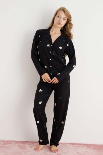 PİJAMONİ - Pijamoni Kadın Pijama Takımı Uzun Kollu Gömlek Yaka Çiçek Desenli Süet - Siyah