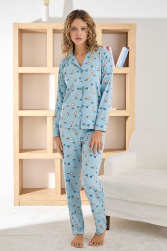 PİJAMONİ - Pijamoni Kadın Pijama Takımı Uzun Kollu Gömlek Yaka Desenli Sofya - Mavi