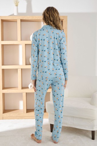 PİJAMONİ - Pijamoni Kadın Pijama Takımı Uzun Kollu Gömlek Yaka Desenli Sofya - Mavi (1)