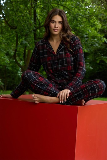 PİJAMONİ - Pijamoni Kadın Pijama Takımı Uzun Kollu Gömlek Yaka Ekose Desenli Süet - Siyah