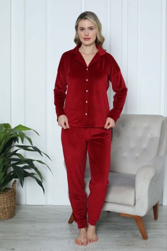 PİJAMONİ - Pijamoni Kadın Pijama Takımı Uzun Kollu Gömlek Yaka Fransız Kadife Manşetli Paça - Bordo