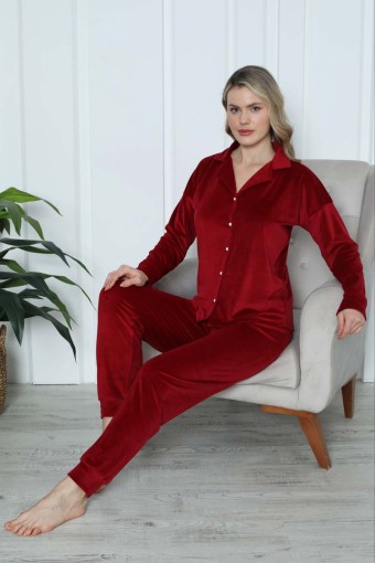 PİJAMONİ - Pijamoni Kadın Pijama Takımı Uzun Kollu Gömlek Yaka Fransız Kadife Manşetli Paça - Bordo (1)