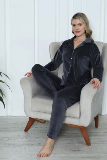 PİJAMONİ - Pijamoni Kadın Pijama Takımı Uzun Kollu Gömlek Yaka Fransız Kadife Manşetli Paça - Koyu Gri (1)
