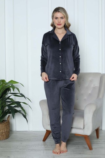 PİJAMONİ - Pijamoni Kadın Pijama Takımı Uzun Kollu Gömlek Yaka Fransız Kadife Manşetli Paça - Koyu Gri