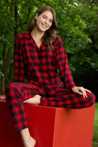 PİJAMONİ - Pijamoni Kadın Pijama Takımı Uzun Kollu Gömlek Yaka Kareli Süet - Kırmızı
